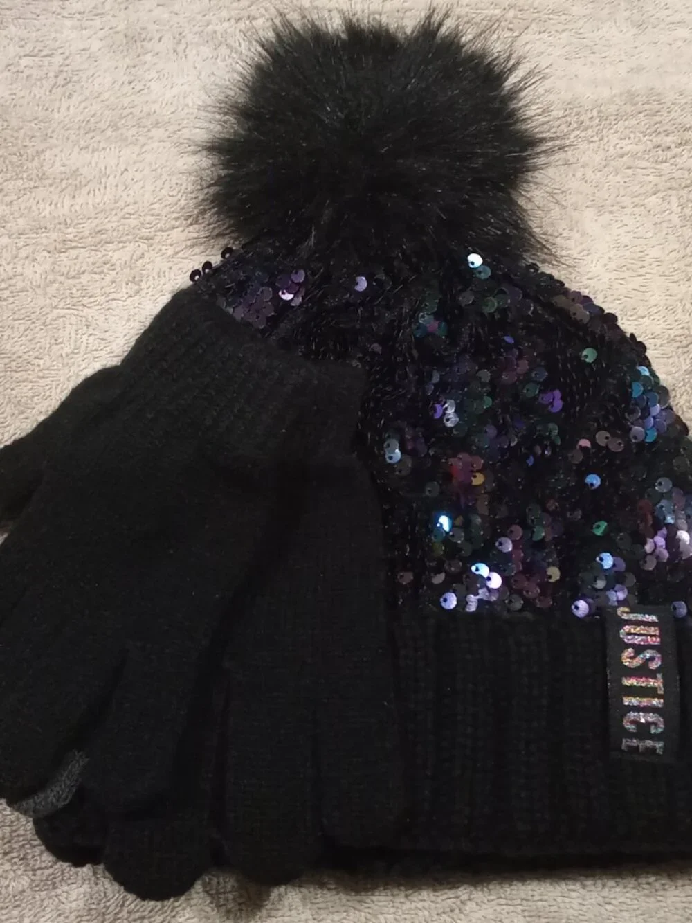 Black sequin JUSTICE hat and gloves